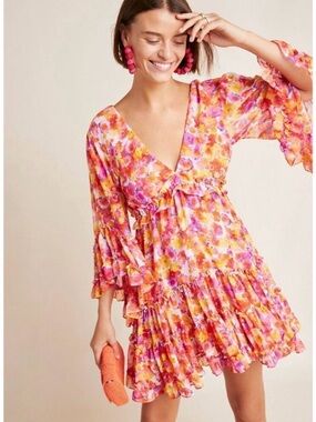 MISA LOS ANGELES Yasmine Coral Orange Pink Floral Dress Size M